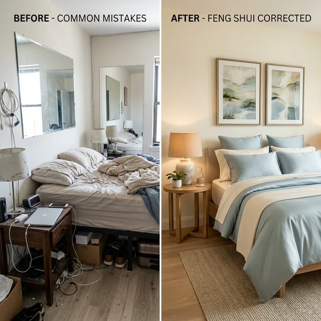 Calm, softly lit bedroom arranged for restful feng shui