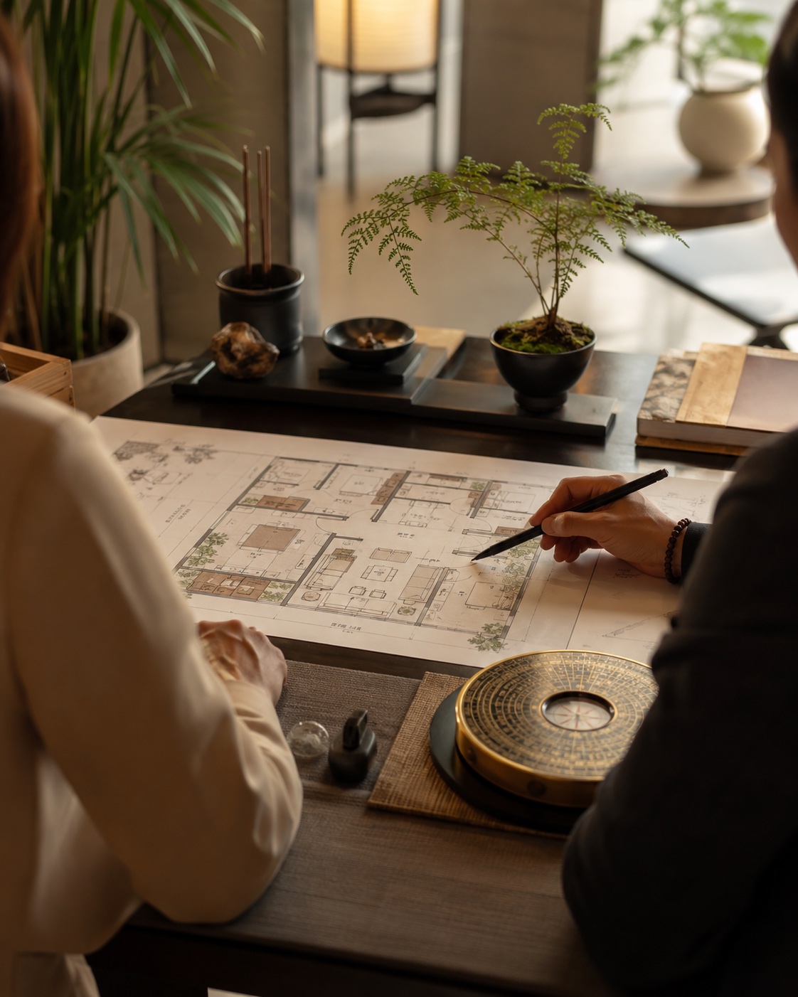 Warm Feng Shui consultation setting with a compass, floor plan, and tea on a refined desk