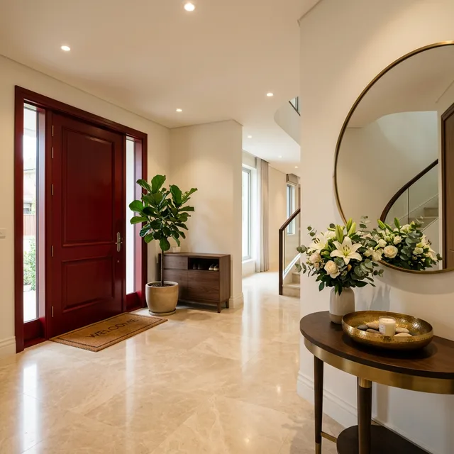 Welcoming entryway with warm light, plants and a tidy console