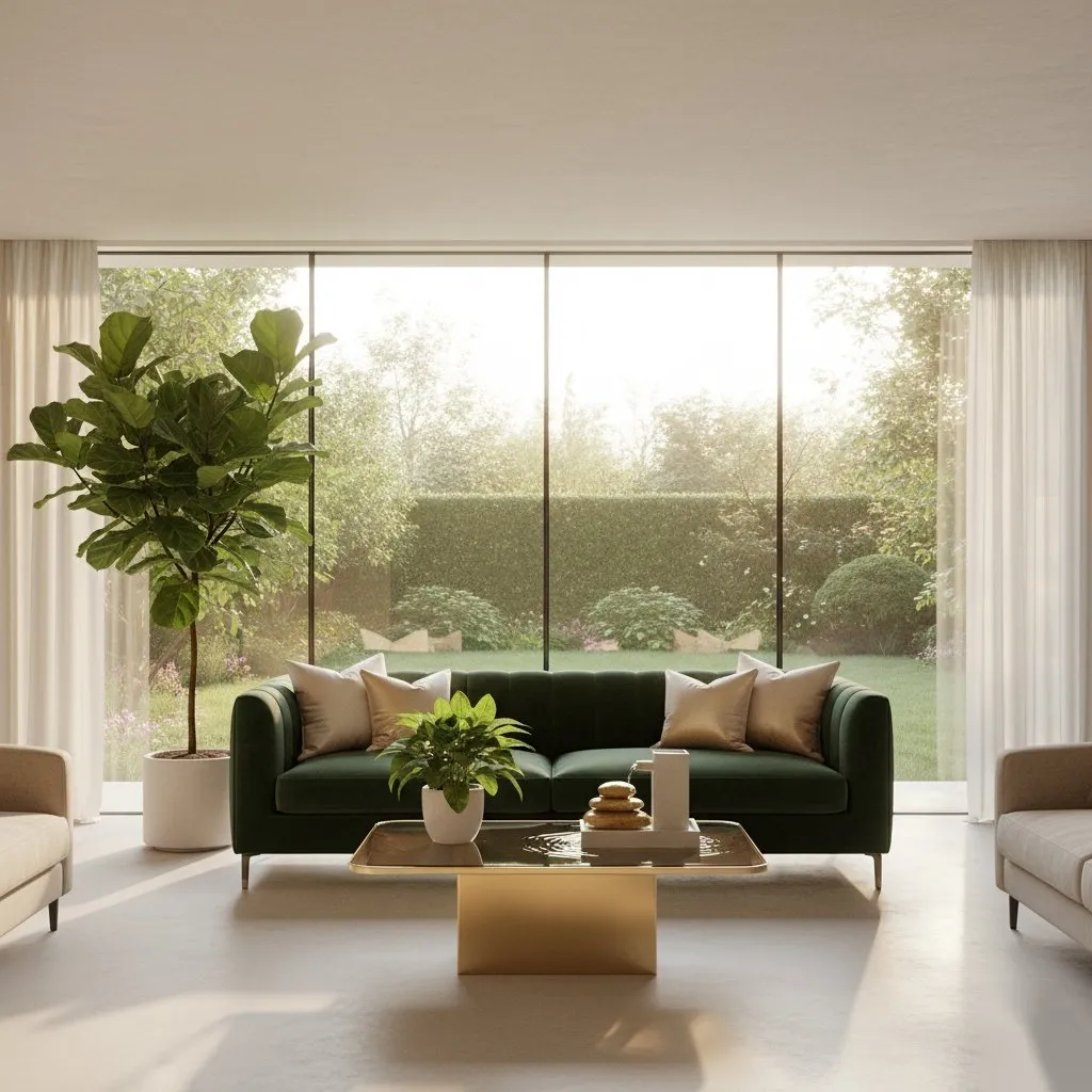Feng Shui inspired living room with emerald green accents, crystals and plants