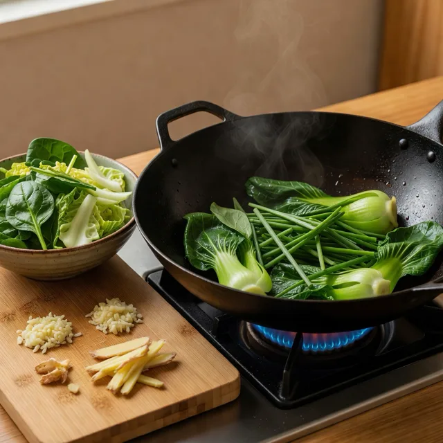 Winter Greens the TCM Way: Spinach, Bok Choy, Chives, Cooked