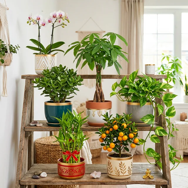 Braided money tree and lush feng shui plants in a bright living room